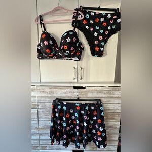 🌸 SHEIN 3-Piece Floral Swim Set 4X Plus Size Bikini & Swim Skirt NWOT